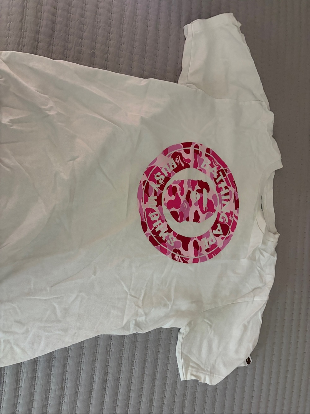 Bape White Short-Sleeve Tee with Pink Camo Smile Logo